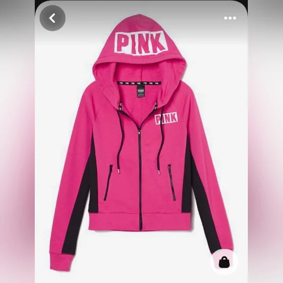 PINK VS Full Zip Up Colorblock Hoodie Hot Pink, Black & White - Picture 2 of 6